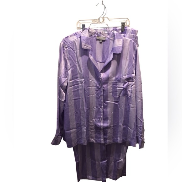 NWT Loft Intimates 3X Satin Purple Candy Striped Pajama Set Notched Collar - Picture 2 of 7